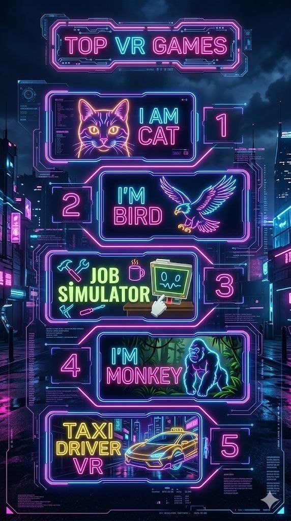 Подборка пяти VR-игр: I Am Cat, I Am Bird, Job Simulator, I Am Monkey, Taxi Driver VR